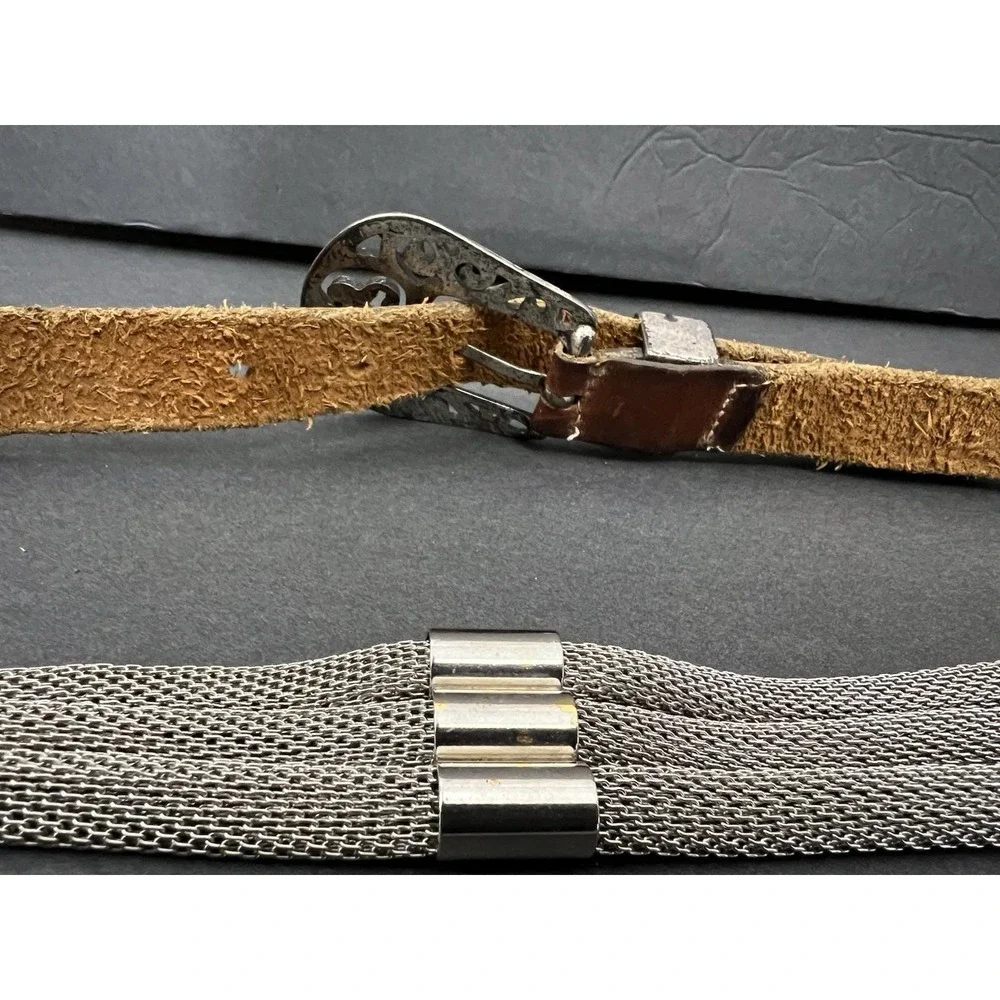 Vtg‎ Women Mixed Media Belt L Filigree Buckle Leather Multi-Strand Mesh Metal